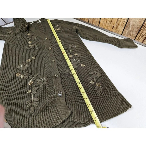 SOFT SURROUNDINGS M Green Embroidered Bead 3D Floral Cardigan Sweater Jacket - Picture 15 of 16